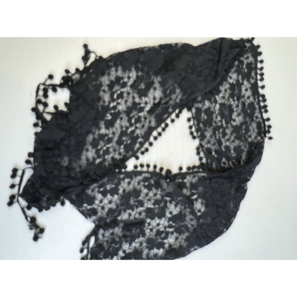 Lace Scarf Black Pom Poms Rectangle 60" X 8" Whimsy Goth Boho Special Occasion - Picture 2 of 4